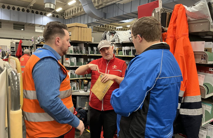 Joel meeting with Royal Mail staff at their sorting office in Cardiff