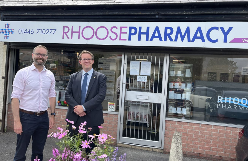 Joel James MS with Rhodri Thomas outside Rhoose Pharmacy