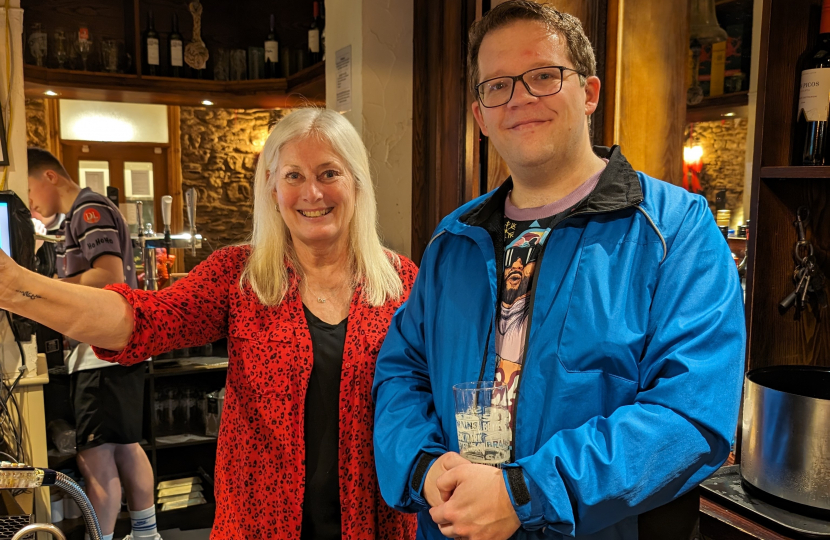 Joel with Maria, the landlady of the Carpenters' Arms in Efail Isaf