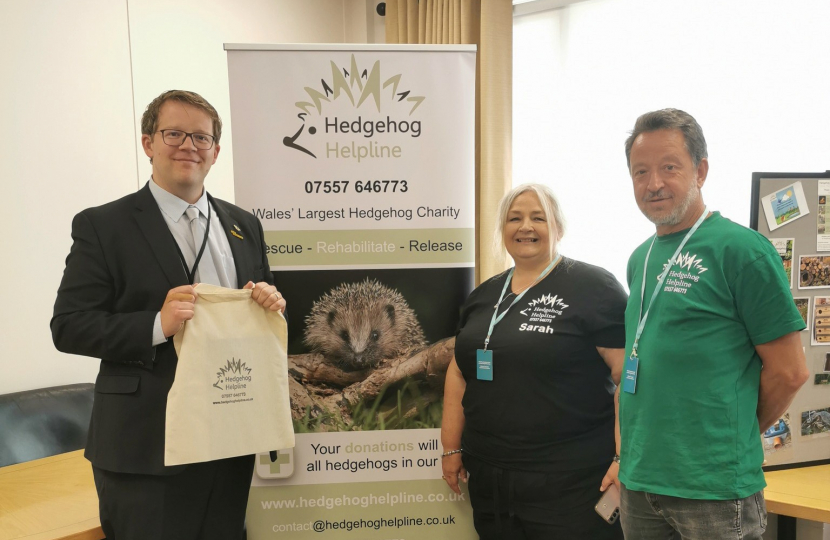 Joel James MS with Sarah and Graham from Hedgehog Helpline in the Senedd